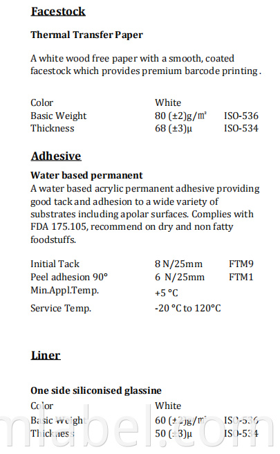 Thermal Transfer Water Based Permanent White Glassine